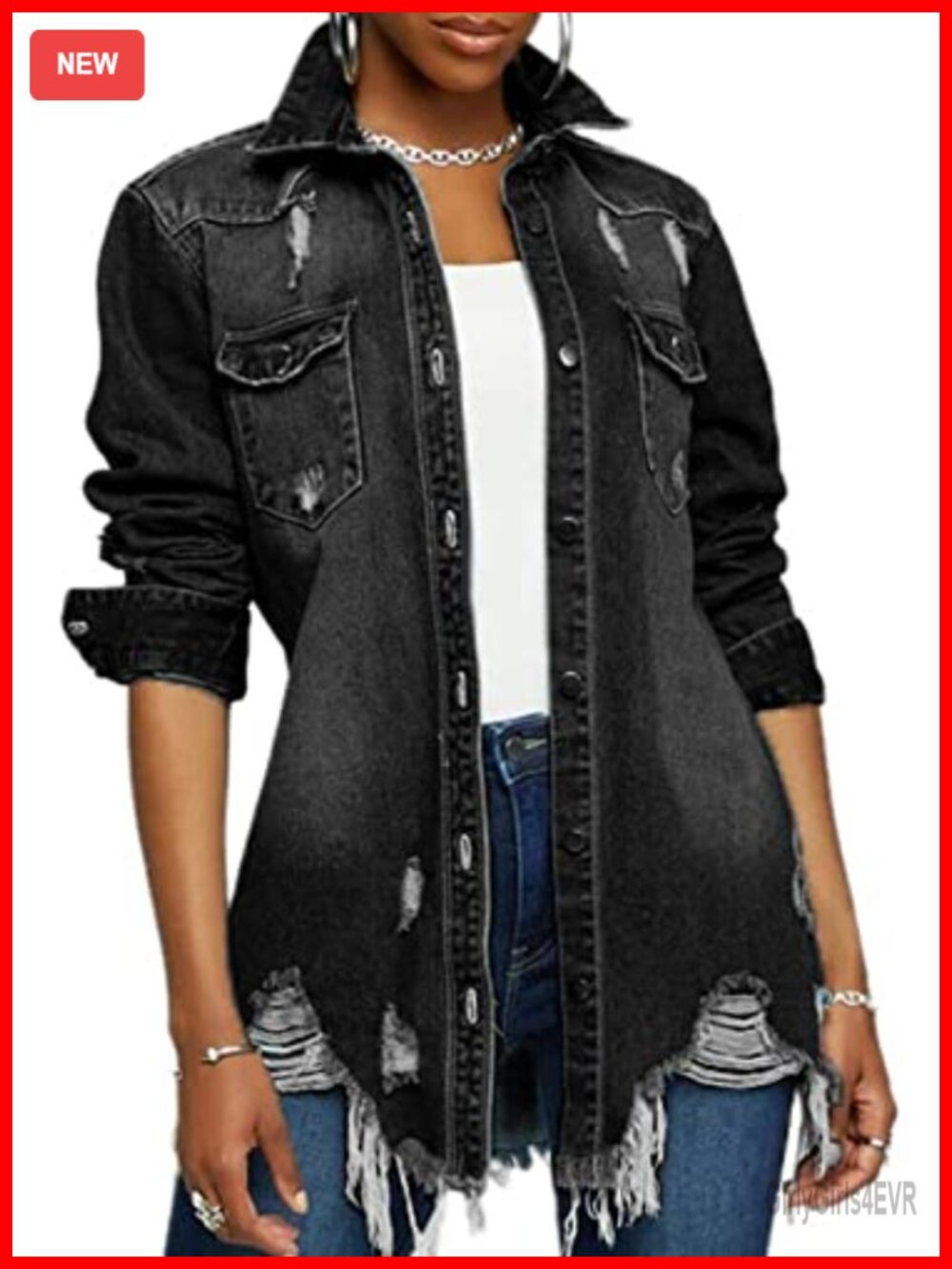 Oversized Ripped Denim Jacket Women Distressed Long Sleeve Button Down